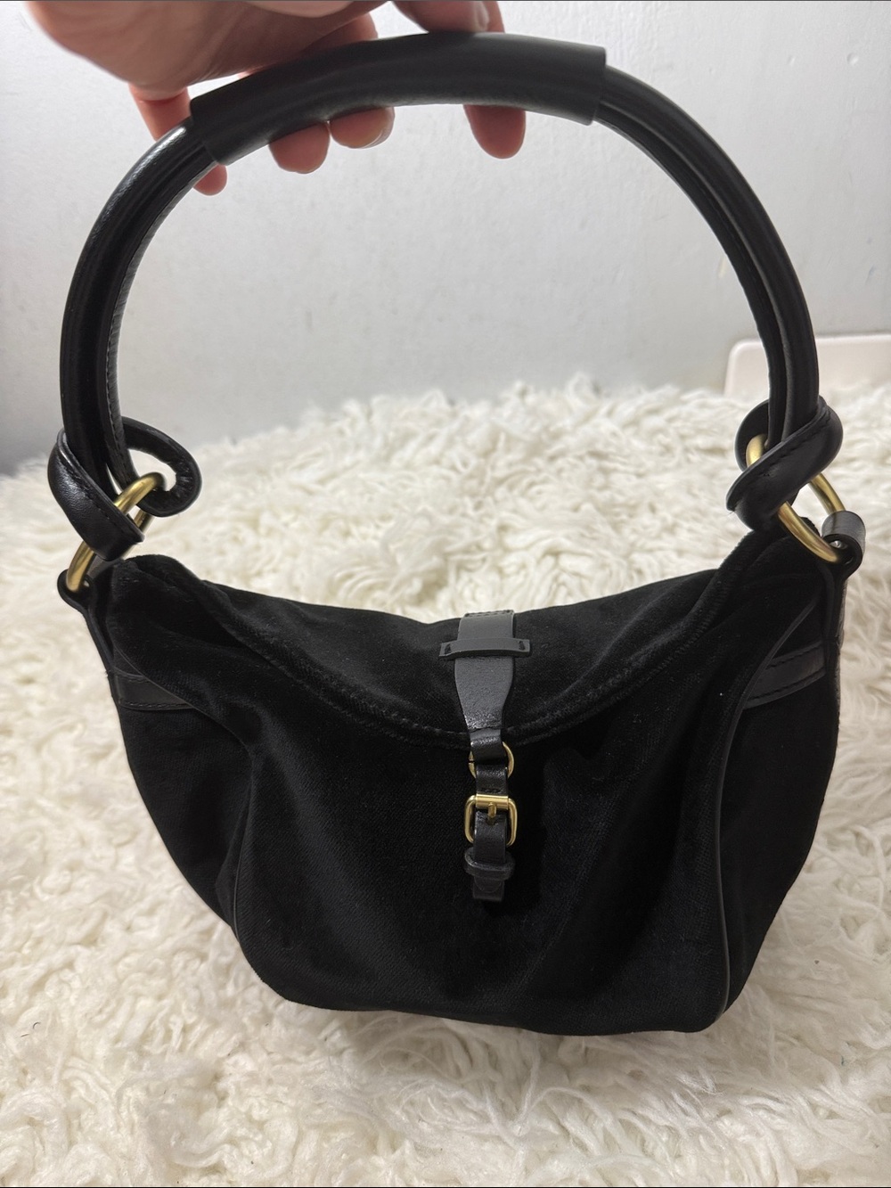 Lauren by Ralph Lauren Black Suede Shoulder Bag with Curved leather handle small